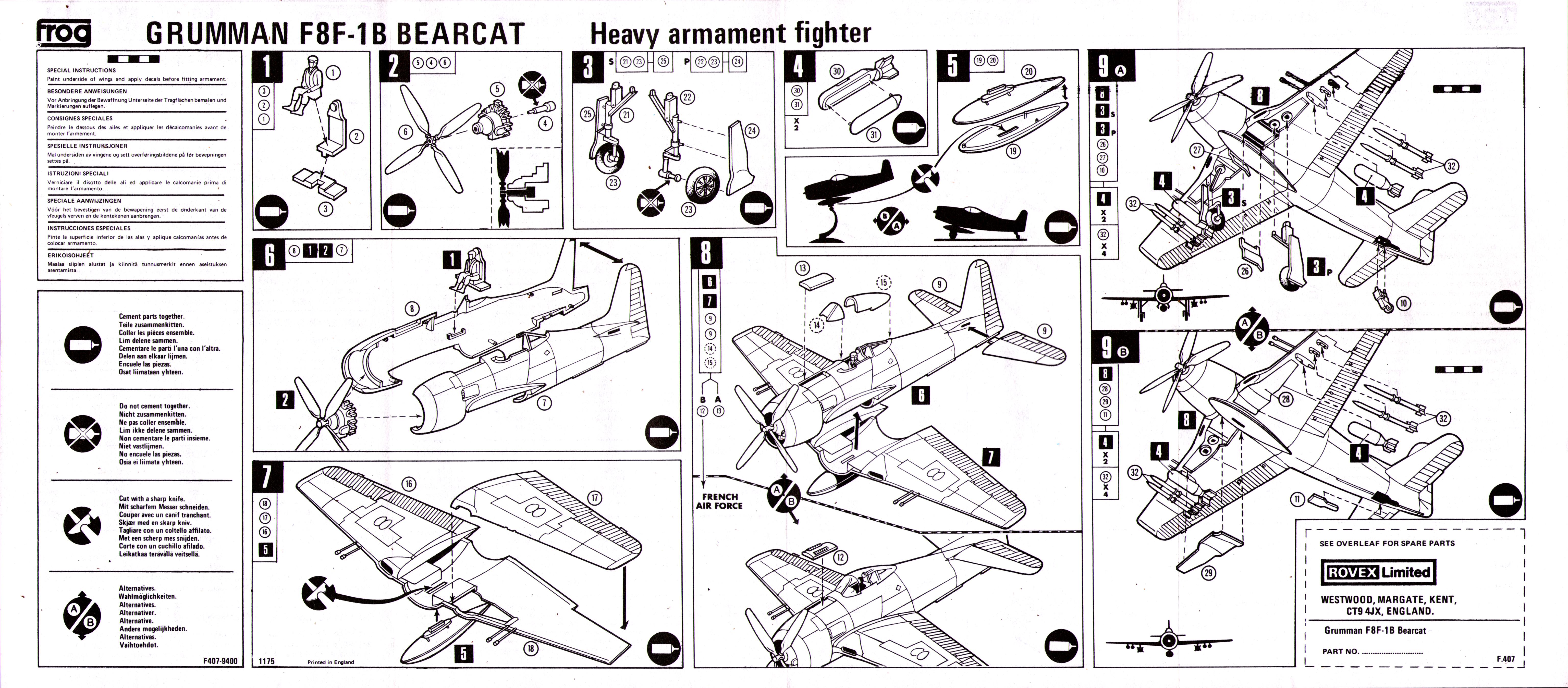 FROG F407 Grumman F8F-1B Bearcat, Rovex Models & Hobbies, summer 1976, инструкция по сборке